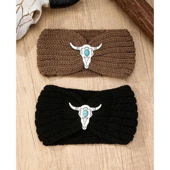 2/$21 Ladies Black Bull Head Knitted Winter Headband - Winter Ear Warmers - Picture 3 of 6